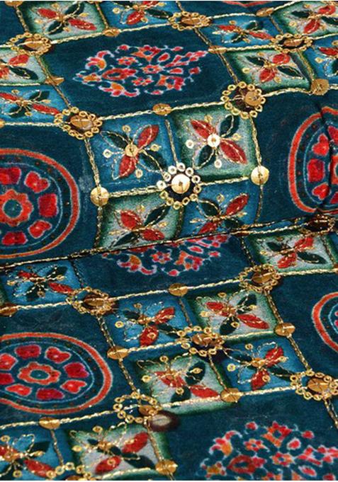 Teal Blue Embroidered Georgette Lehenga Set