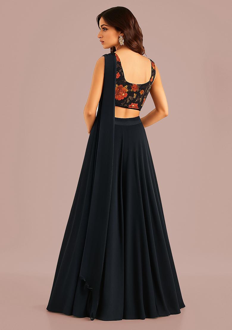 Black Embroidered Georgette Lehenga Set - Indya