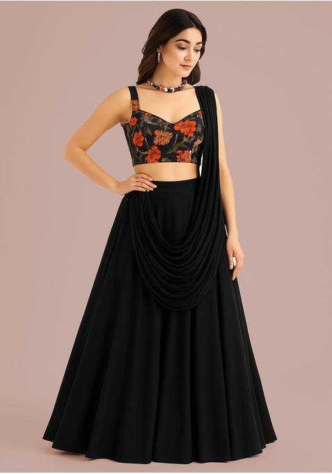 Black Printed Blouse Georgette Lehenga Set