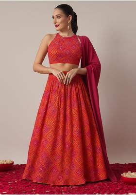 Orange Georgette Printed Lehenga Set
