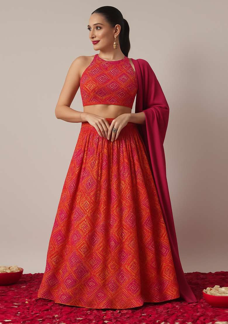 Orange Georgette Printed Lehenga Set - Indya