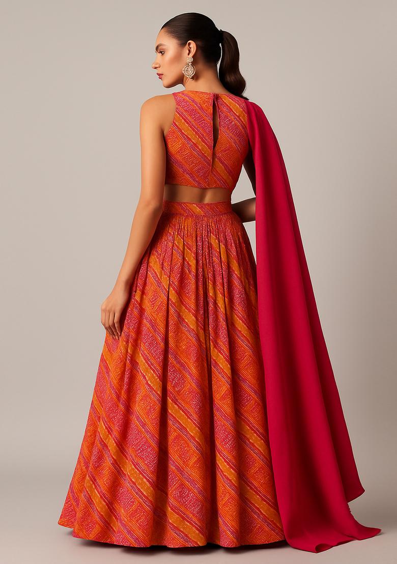 Orange Georgette Printed Lehenga Set - Indya