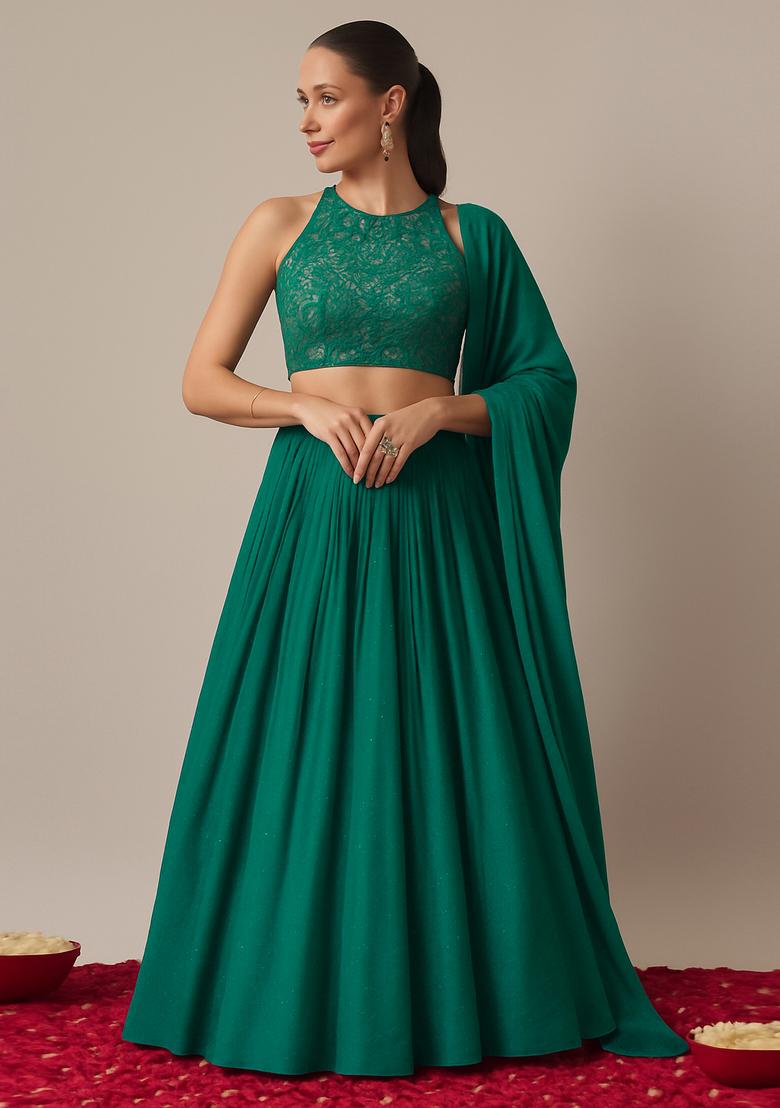 Teal Green Georgette Sequin Embellished Lehenga Set