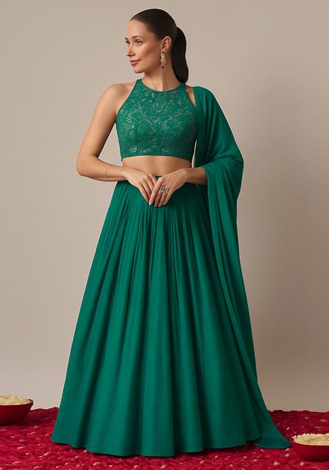 Teal Green Georgette Sequin Embellished Lehenga Set