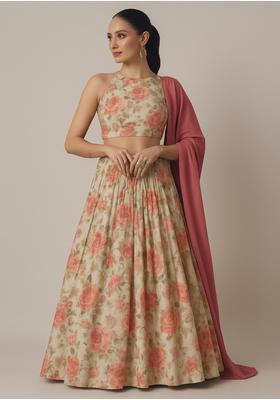 Beige Georgette Printed Lehenga Set