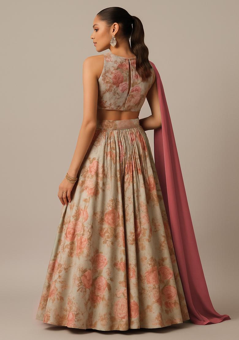Beige Georgette Printed Lehenga Set - Indya