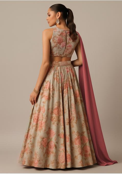 Beige Georgette Printed Lehenga Set