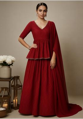 Blood Red Organza Solid Lehenga Set