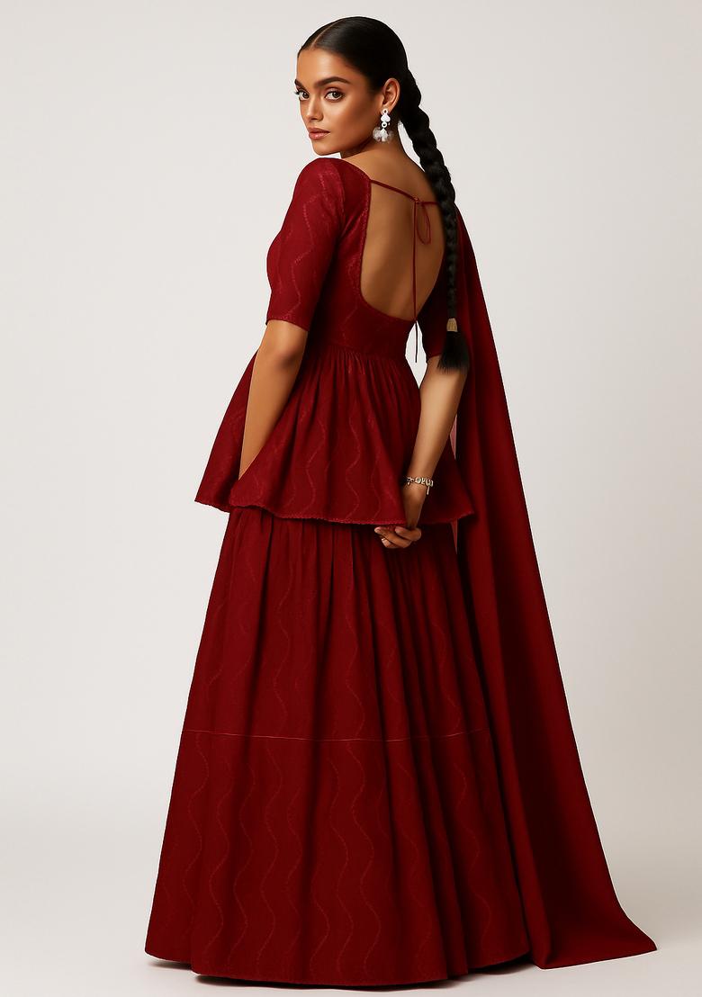 Blood Red Organza Solid Lehenga Set - Indya