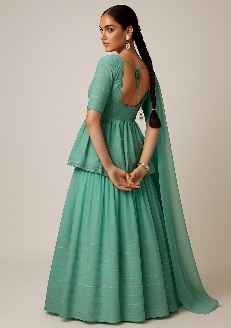 Sky Blue Tissue Sequin Embellished Lehenga Set - Indya