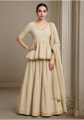 Cream Tissue Solid Lehenga Set