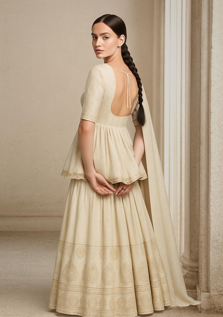 Cream Tissue Solid Lehenga Set - Indya