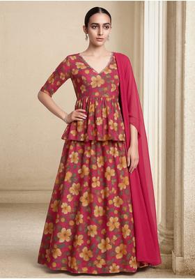 Red Organza Printed Lehenga Set