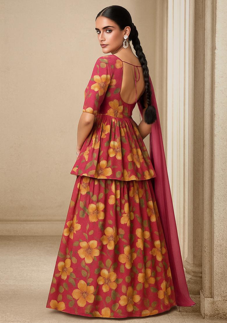 Red Organza Printed Lehenga Set - Indya