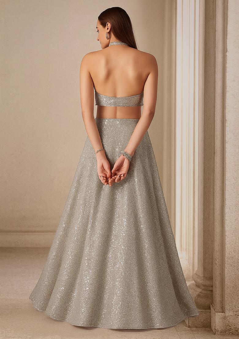 Beige Net Sequin Embellished Lehenga Set - Indya