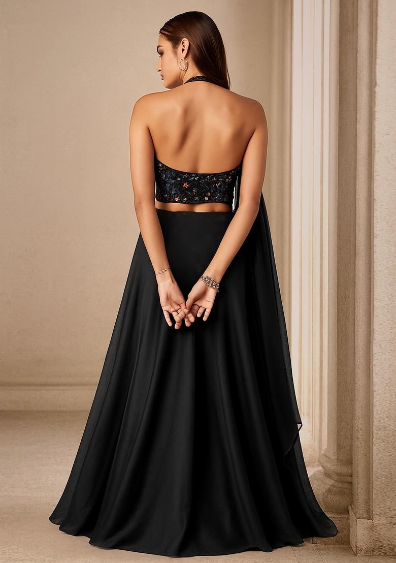 Black Chinon Sequin Embellished Lehenga Set - Indya