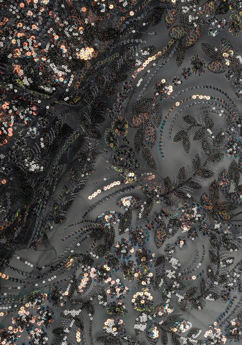 Black Chinon Sequin Embellished Lehenga Set - Indya