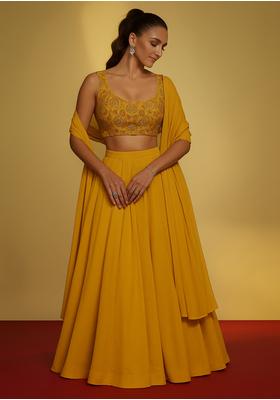 Mustard Yellow Chinon Sequin Embroidered Lehenga Set