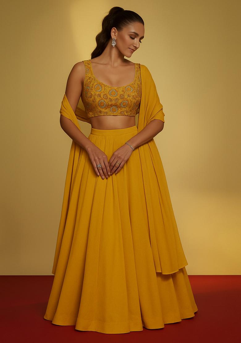 Mustard Yellow Sequin Embroidered Blouse Chinon Lehenga Set