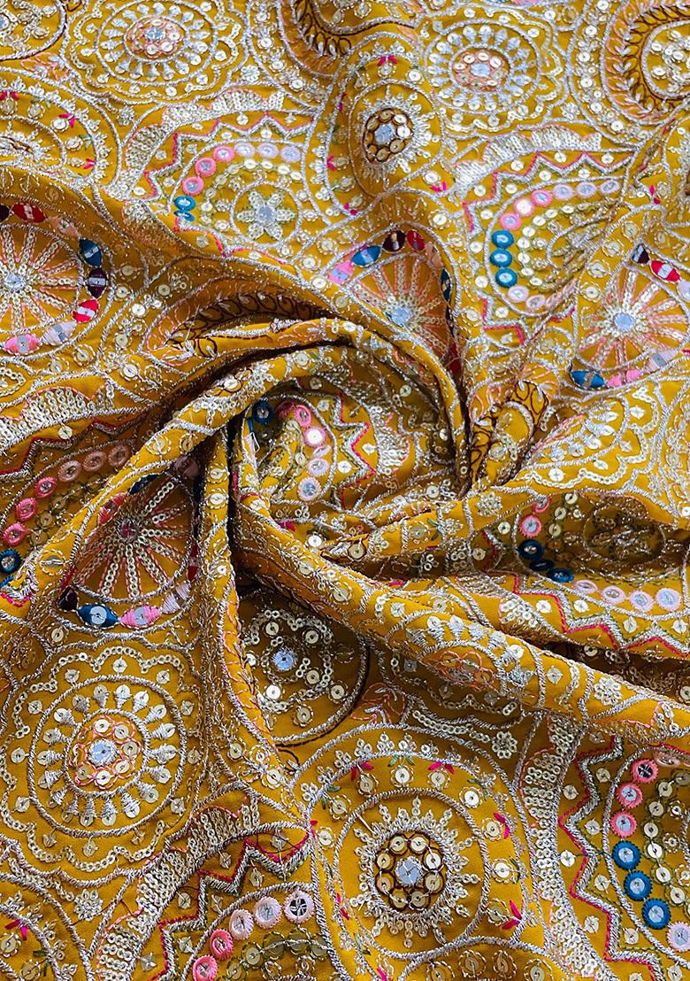 Mustard Yellow Sequin Embroidered Blouse Chinon Lehenga Set