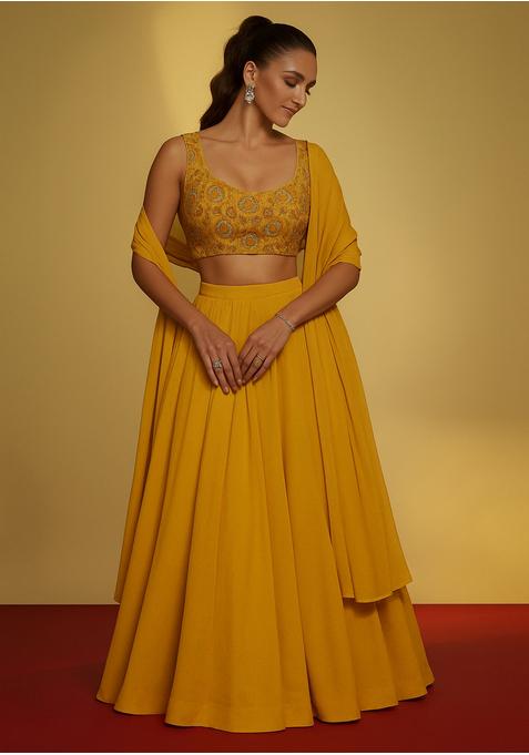 Mustard Yellow Sequin Embroidered Blouse Chinon Lehenga Set
