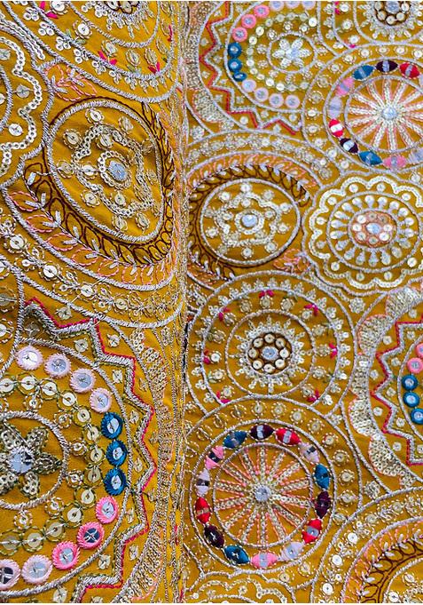 Mustard Yellow Sequin Embroidered Blouse Chinon Lehenga Set