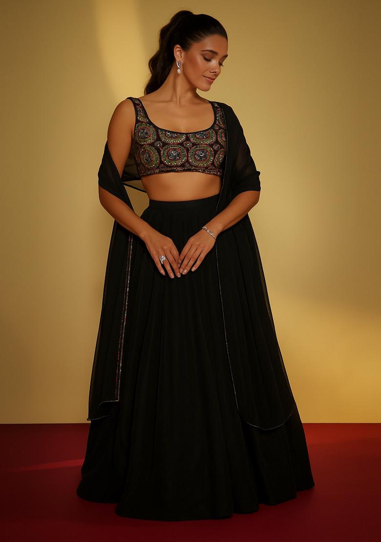 Black Sequin Embroidered Blouse Chinon Lehenga Set