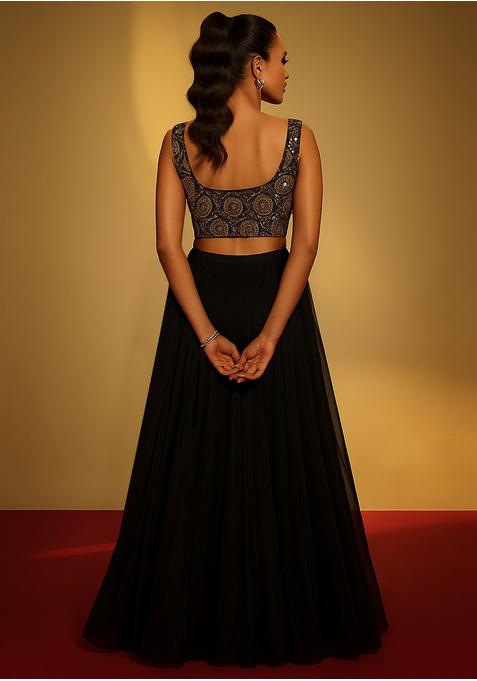 Black Sequin Embroidered Blouse Chinon Lehenga Set