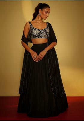 Black Chinon Sequin Embroidered Lehenga Set