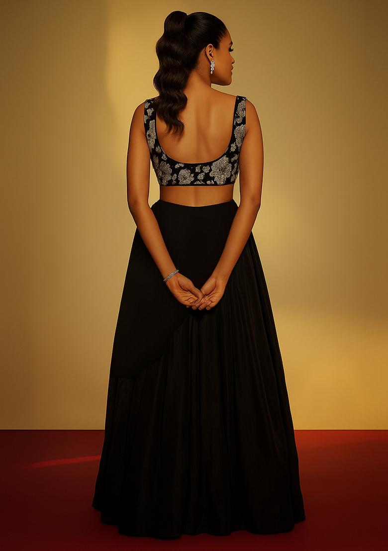 Black Chinon Sequin Embroidered Lehenga Set - Indya