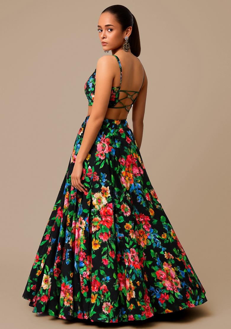 Black Georgette Printed Lehenga Set - Indya