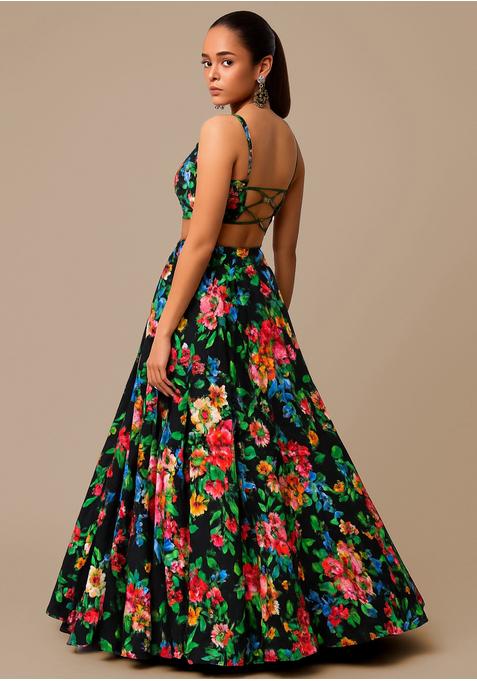 Black Georgette Printed Lehenga Set