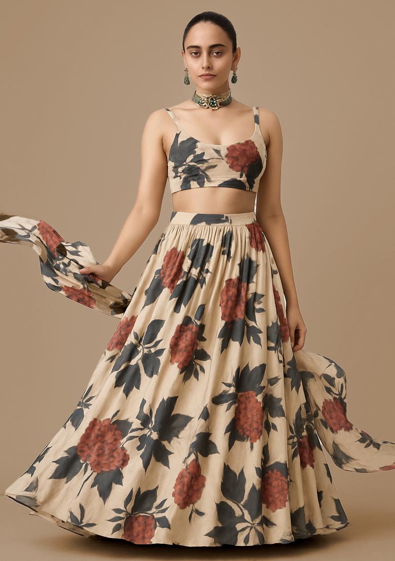 Light Brown Satin Printed Lehenga Set