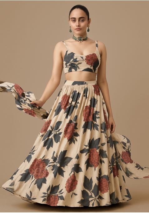 Light Brown Satin Printed Lehenga Set