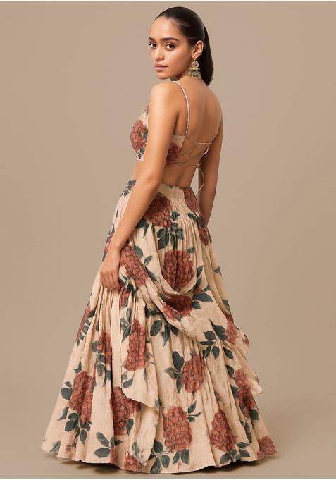 Light Brown Satin Printed Lehenga Set