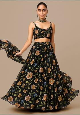 Black Georgette Printed Lehenga Set