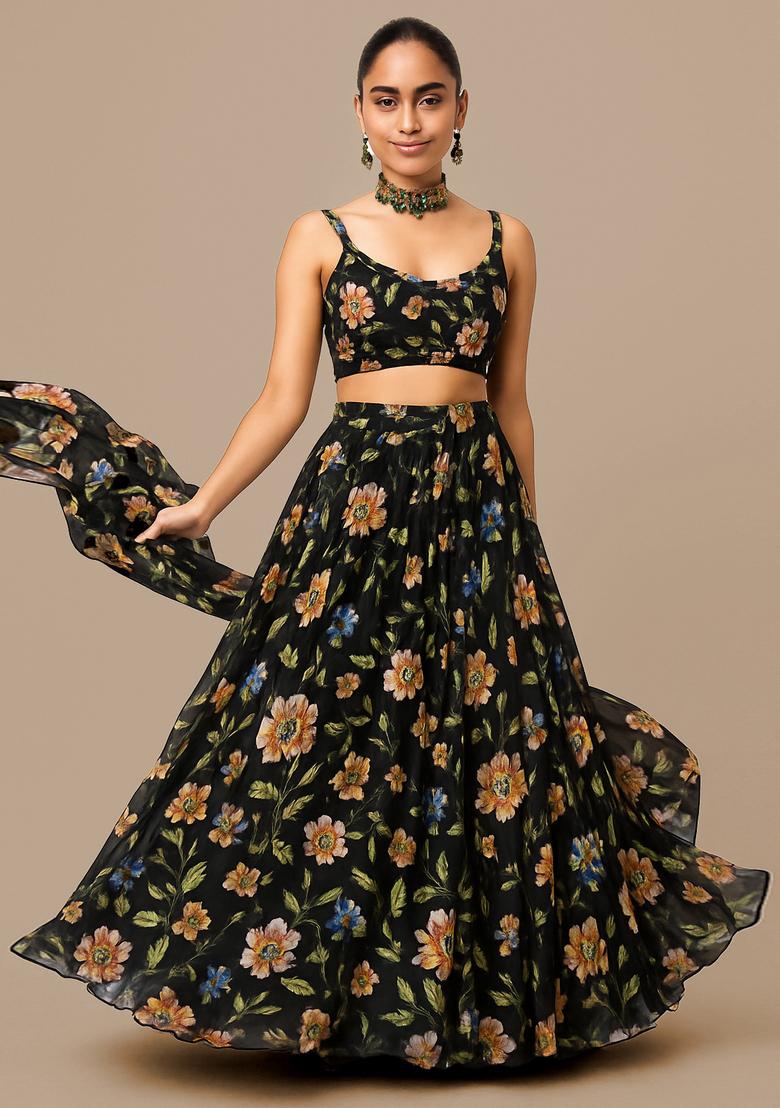 Black Georgette Printed Lehenga Set