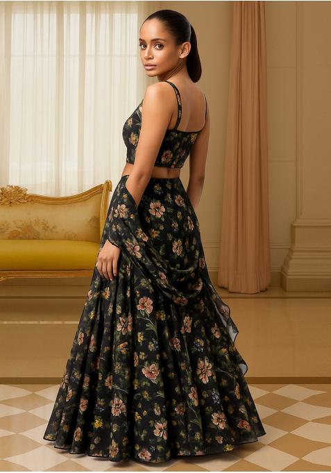 Black Georgette Printed Lehenga Set