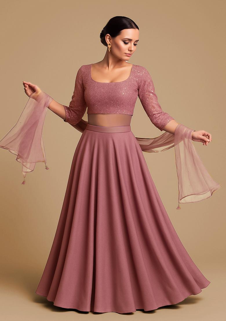 Pink Georgette Sequin Embroidered Lehenga Set - Indya