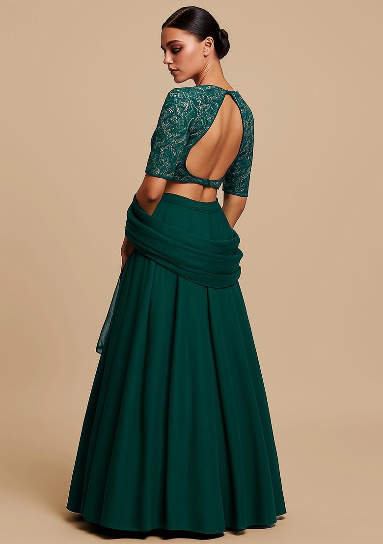 Dark Green Georgette Sequin Embroidered Lehenga Set - Indya