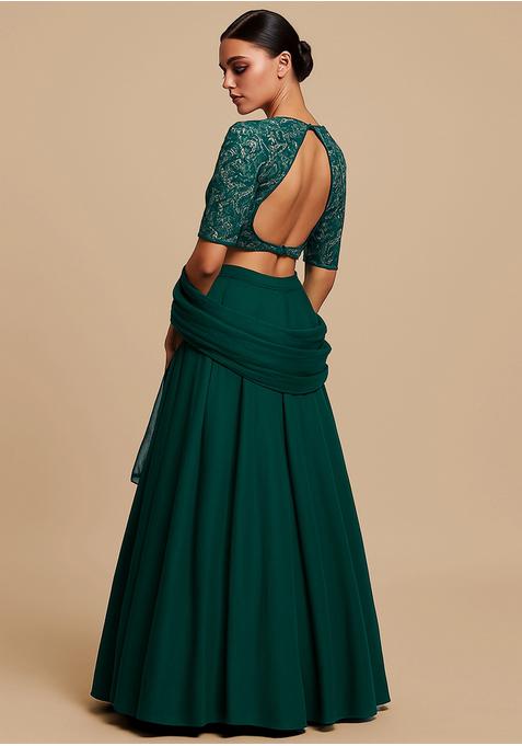 Dark Green Georgette Embroidered Blouse Lehenga Set