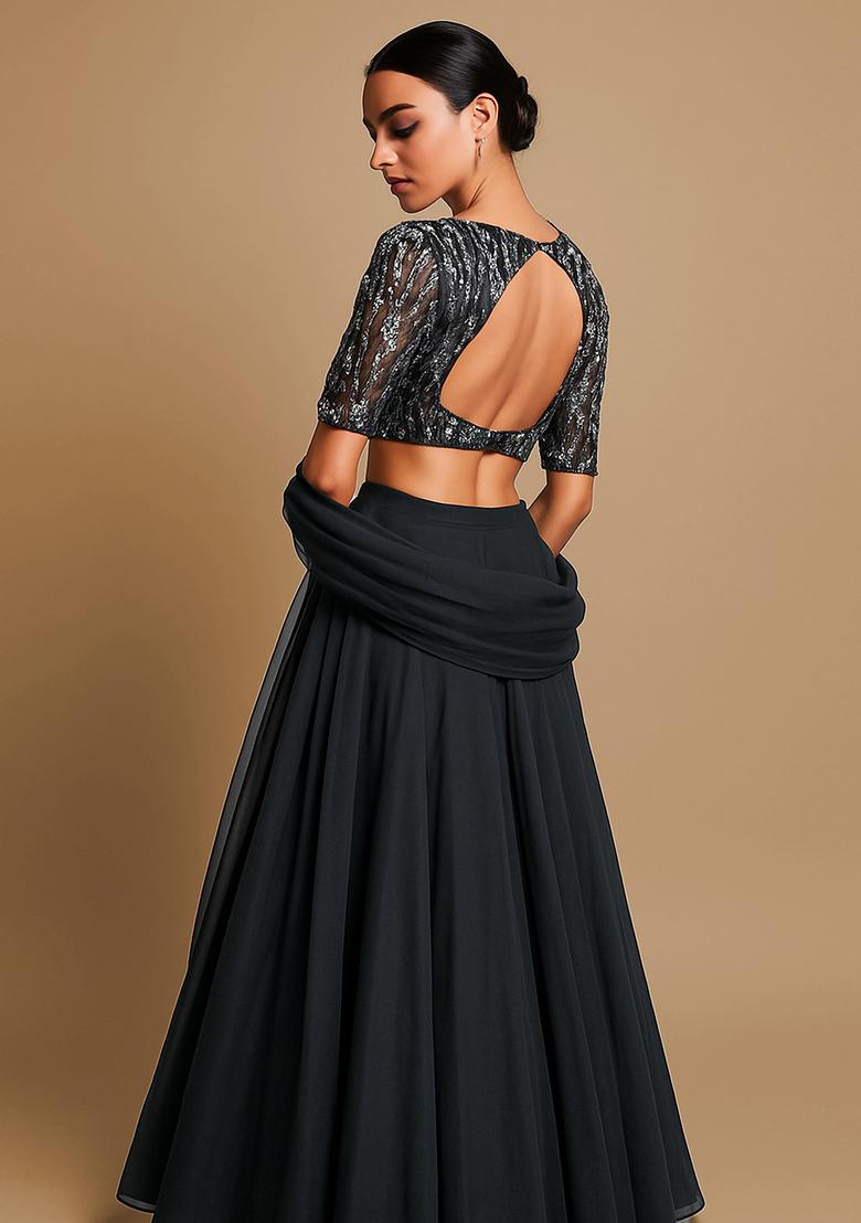 Grey Georgette Sequin Embroidered Lehenga Set - Indya