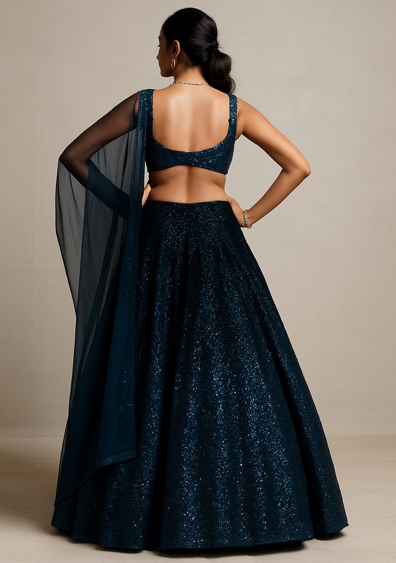 Blue Embroidered Net Lehenga Set - Indya