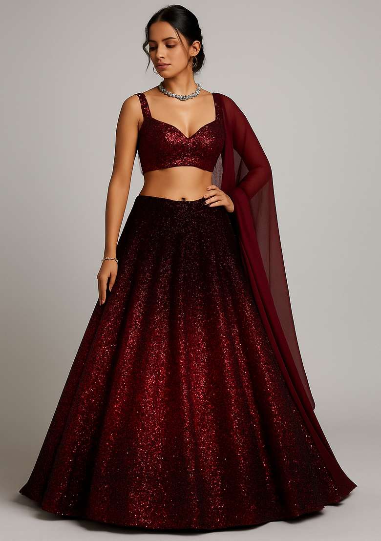 Red Sequin Net Lehenga Set - Indya