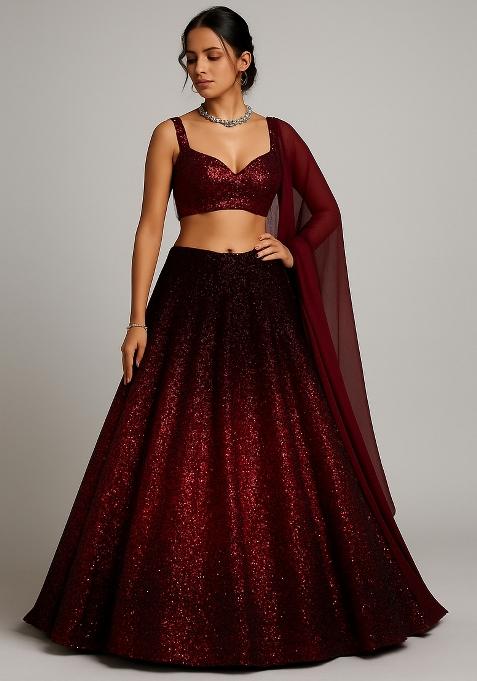 Red Sequin Net Lehenga Set