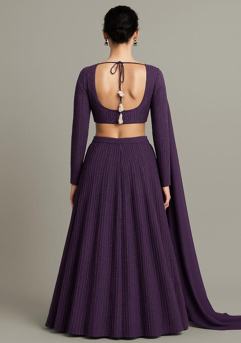 Purple Embroidered Net Lehenga Set - Indya