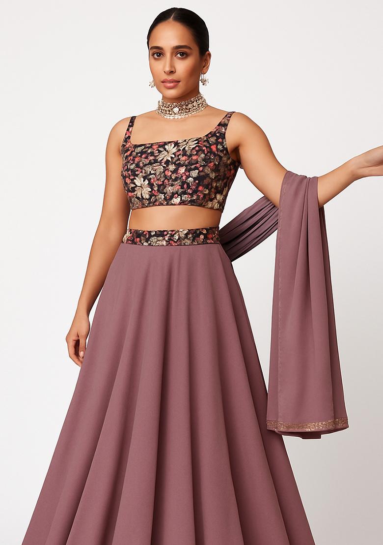 Cream Embroidered Georgette Lehenga Set - Indya