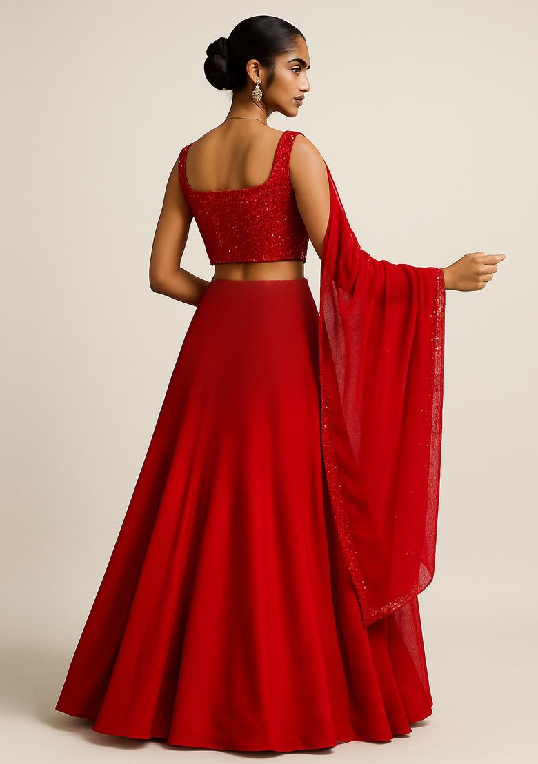 Red Sequin Embroidered Georgette Lehenga Set - Indya