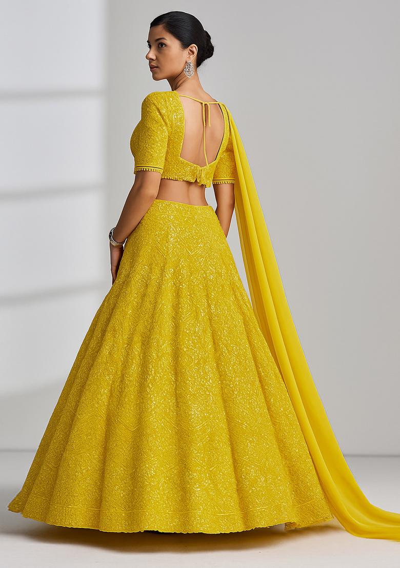 Yellow Sequin Embroidered Georgette Lehenga Set - Indya