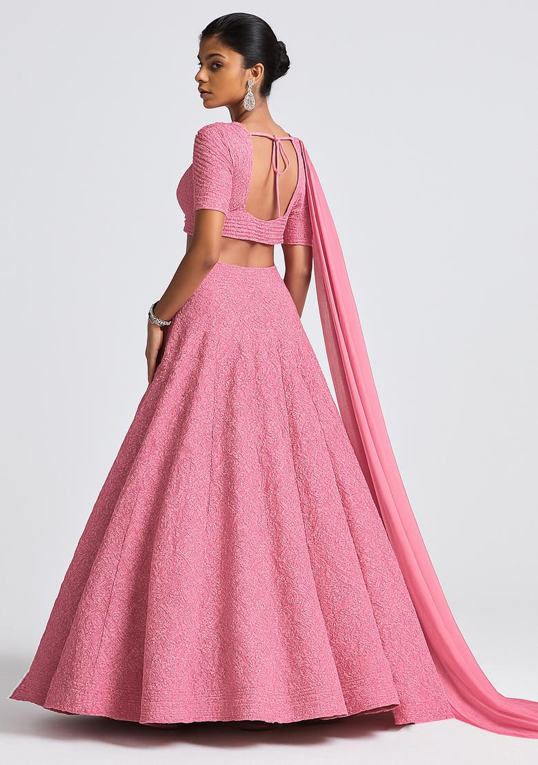 Pink Sequin Embroidered Georgette Lehenga Set - Indya